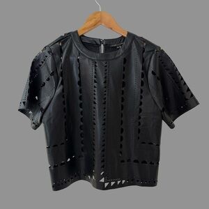 Caballero "Anisa" Black Laser Cutout Faux Leather Short Sleeve Top XS NWT ($204)